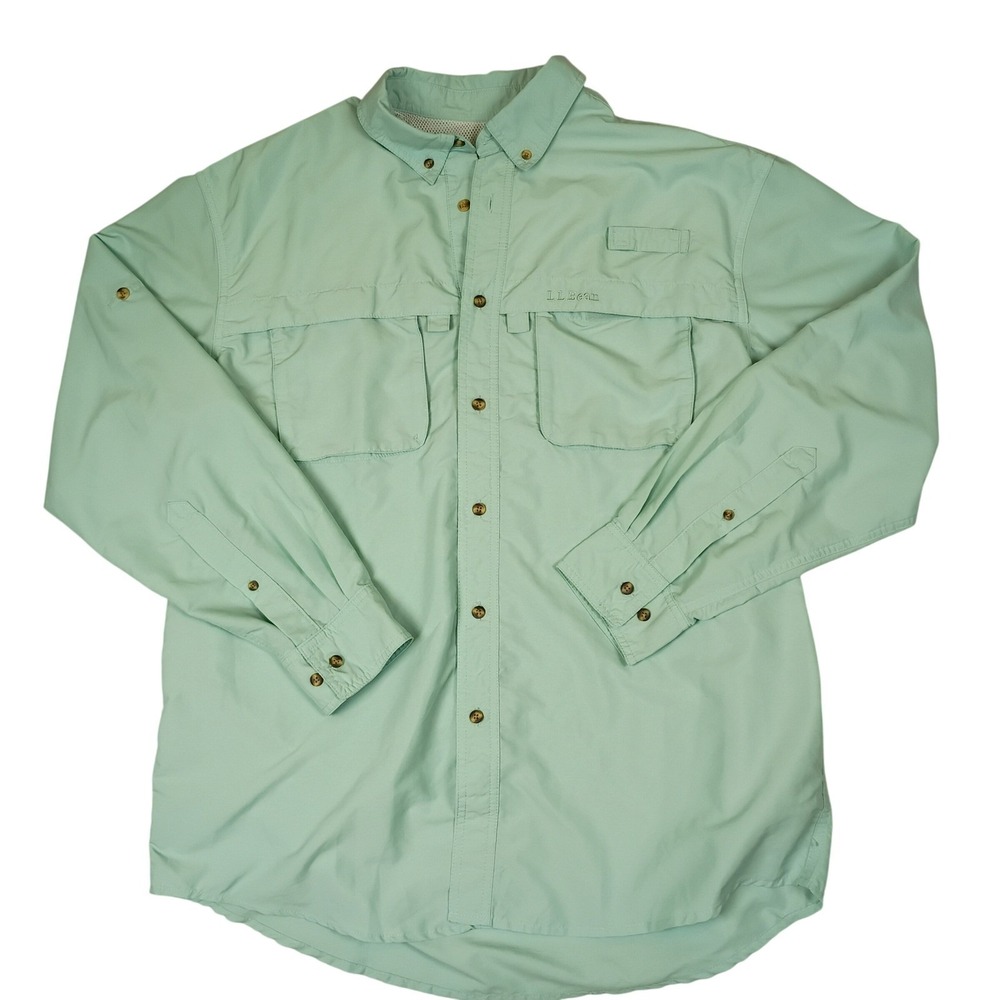 LL Bean Mens Large Mint Green LS Vented Fishing Shirt Mesh Back Roll Tab Sleeve